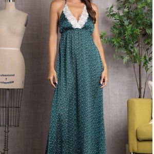 🌲DARK GREEN POLKA DOTS PRINT WHITE LACE MAXI DRESS